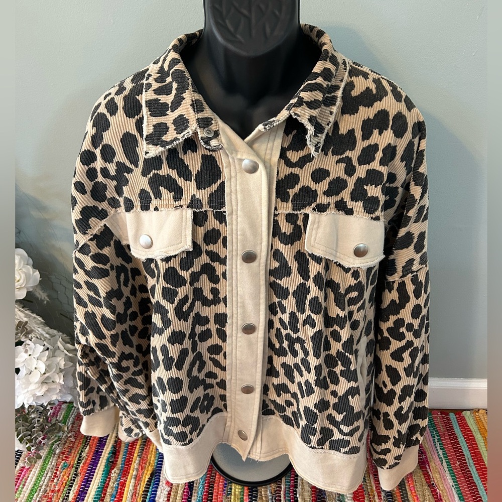 NEW White Birch Corduroy Cheetah Jacket Animal Print Beige Bomber 3XL